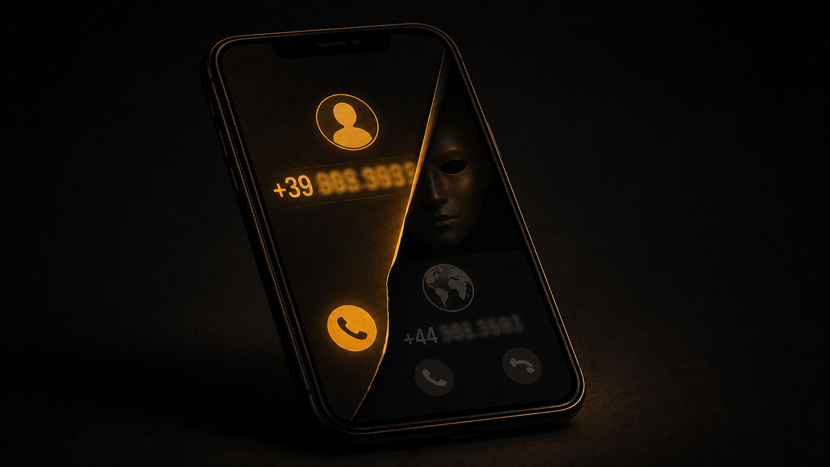 Smartphone con un numero italiano falso illuminato in ambra e un'origine estera nascosta in ombra